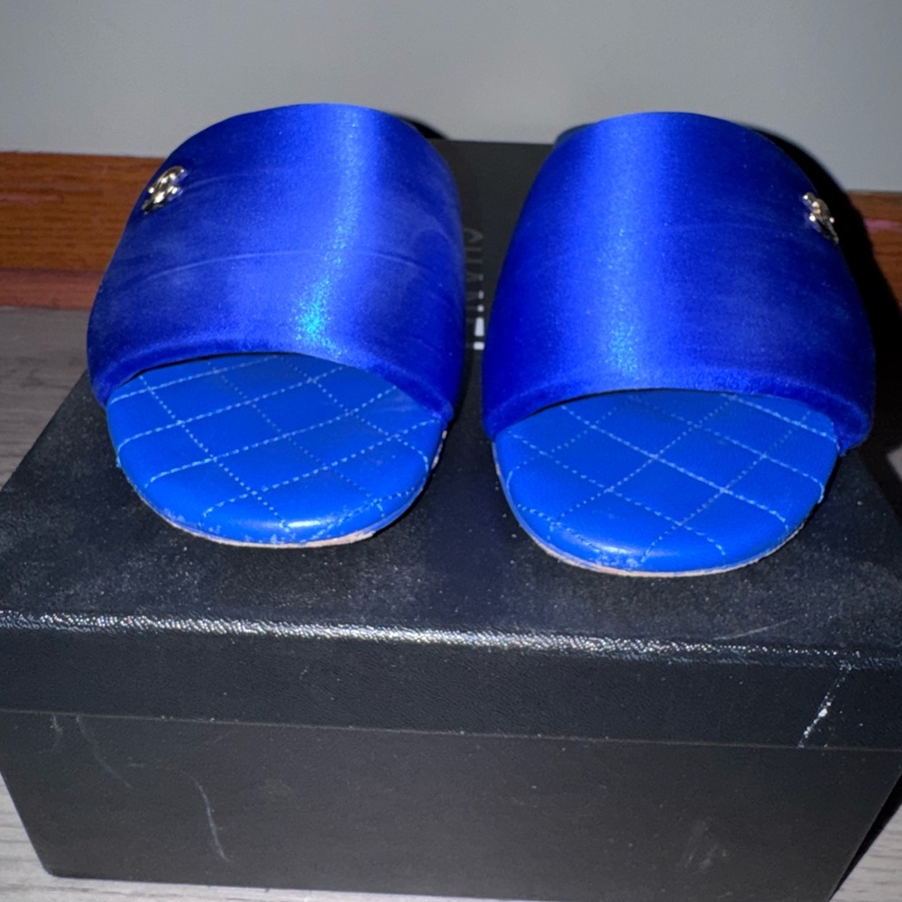 CHANEL Royal Blue Satin Quilted Slide Sandals - Picture 2 of 7